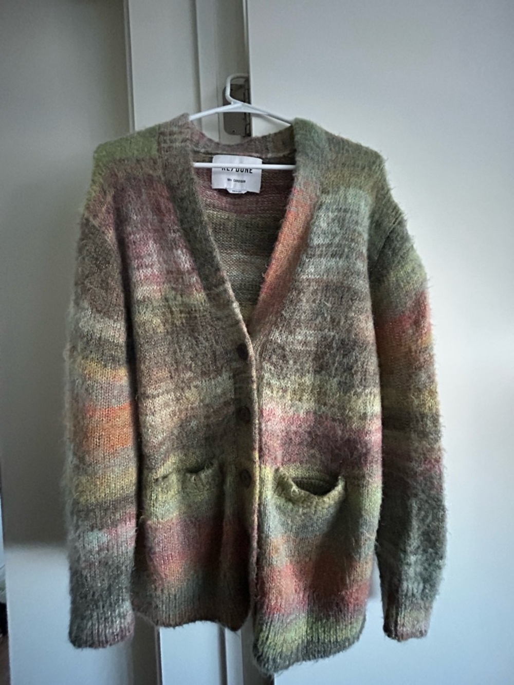 Fuzzy Mohair Blend Cardigan in Olive, Pink and Brown Hues
